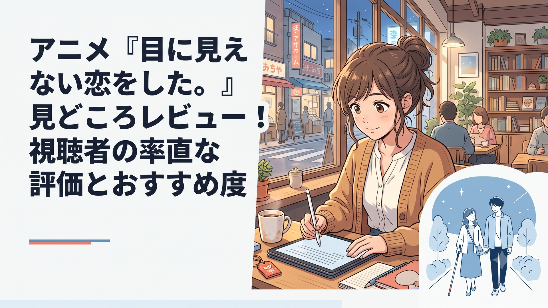 夜のキャンパスで白杖を持つ冬月小春と優しく見つめる空野かけるの透き通るようなワンシーン