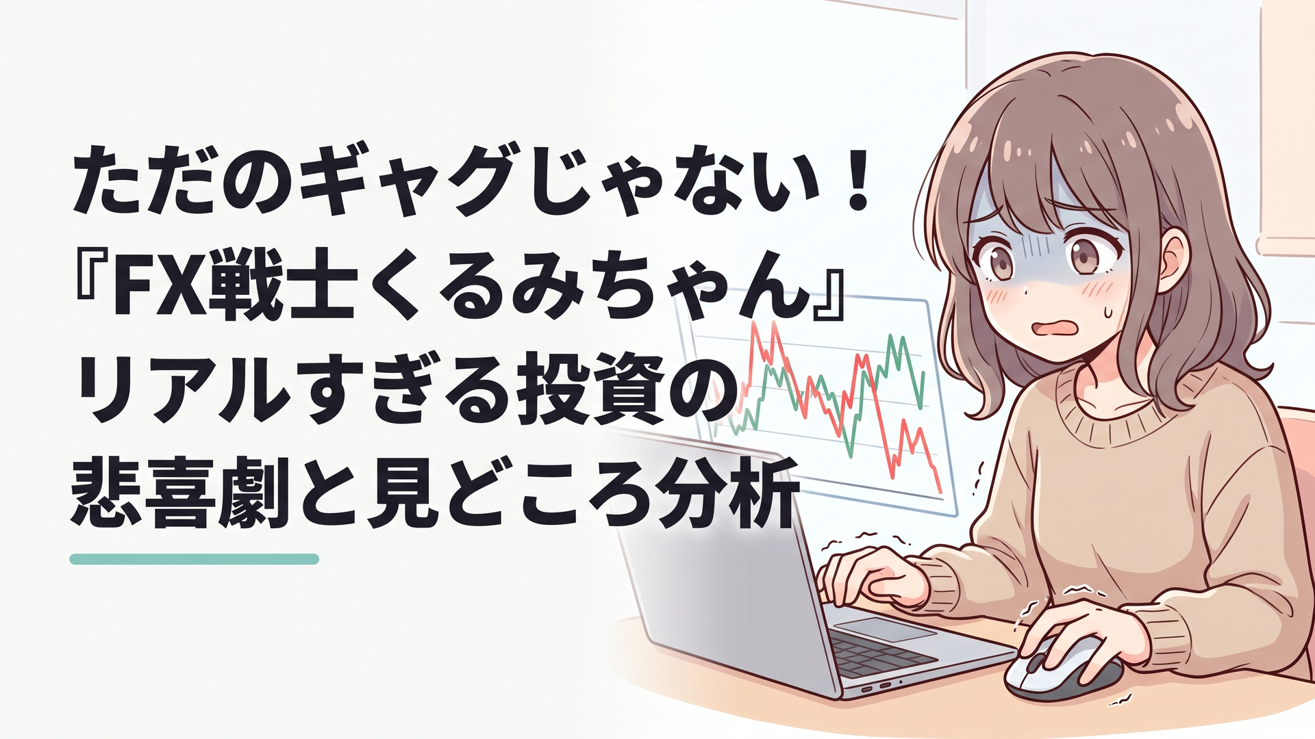 画面に映る激しく乱高下する為替チャートを見つめ、青ざめながら震える手でマウスを握りしめる女子大生の福賀くるみ